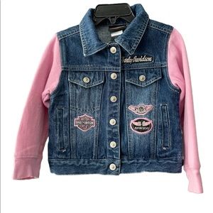 Harley Davidson girls Jean jacket  pink sleeves sz 5 gently used